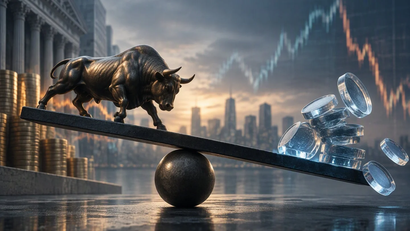 Bronze bull on a tilted slab balanced against a small cluster of translucent tokens, with volatile chart lines behind