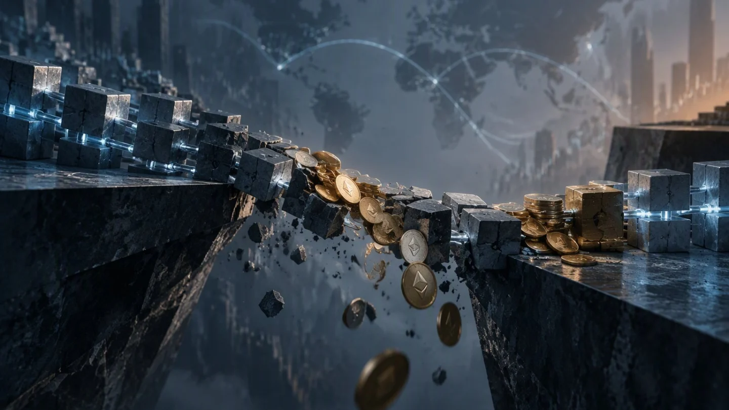 A stone bridge between two misty cliffs with a gate slammed shut halfway across, a small stream of coins already on the far side, in charcoal, slate and blue