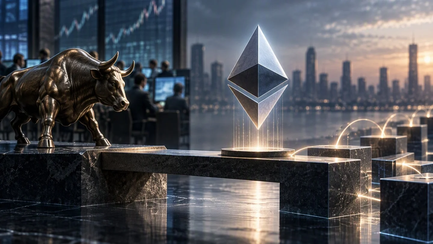An ether symbol hovers above a marble trading desk beside a bronze bull, with a trading floor and city skyline behind