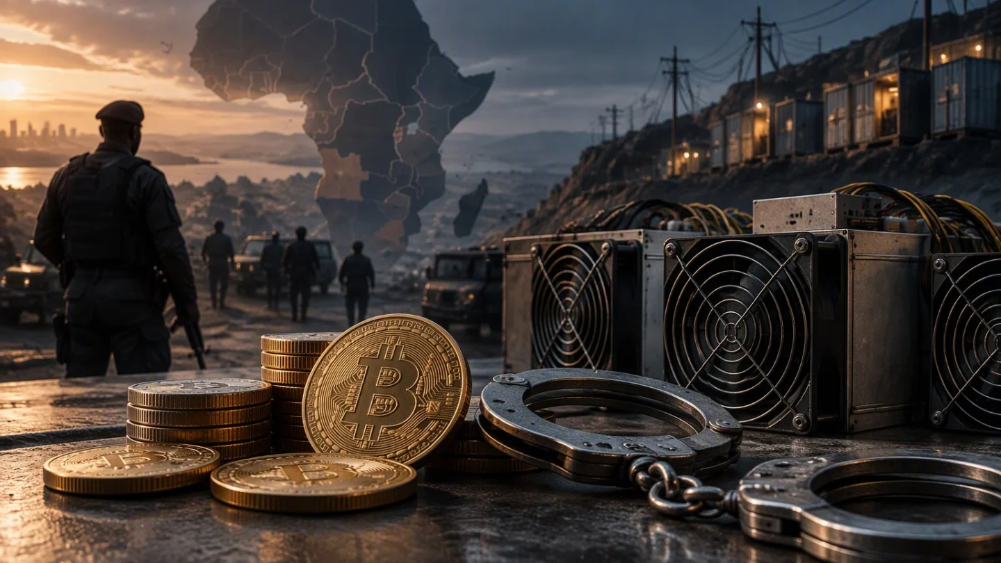 Rows of seized crypto mining rigs under harsh work lights in a dark warehouse, police tape across the doorway, with Angola highlighted on a map of Africa on the wall, in charcoal, slate and blue