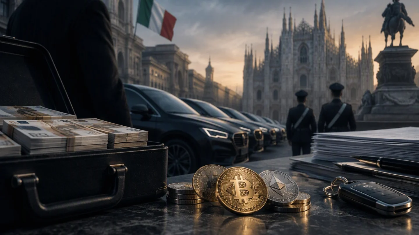 A rental car parked outside a shuttered office at night, with a map of Italy behind it and Lombardy highlighted, in charcoal, slate and blue