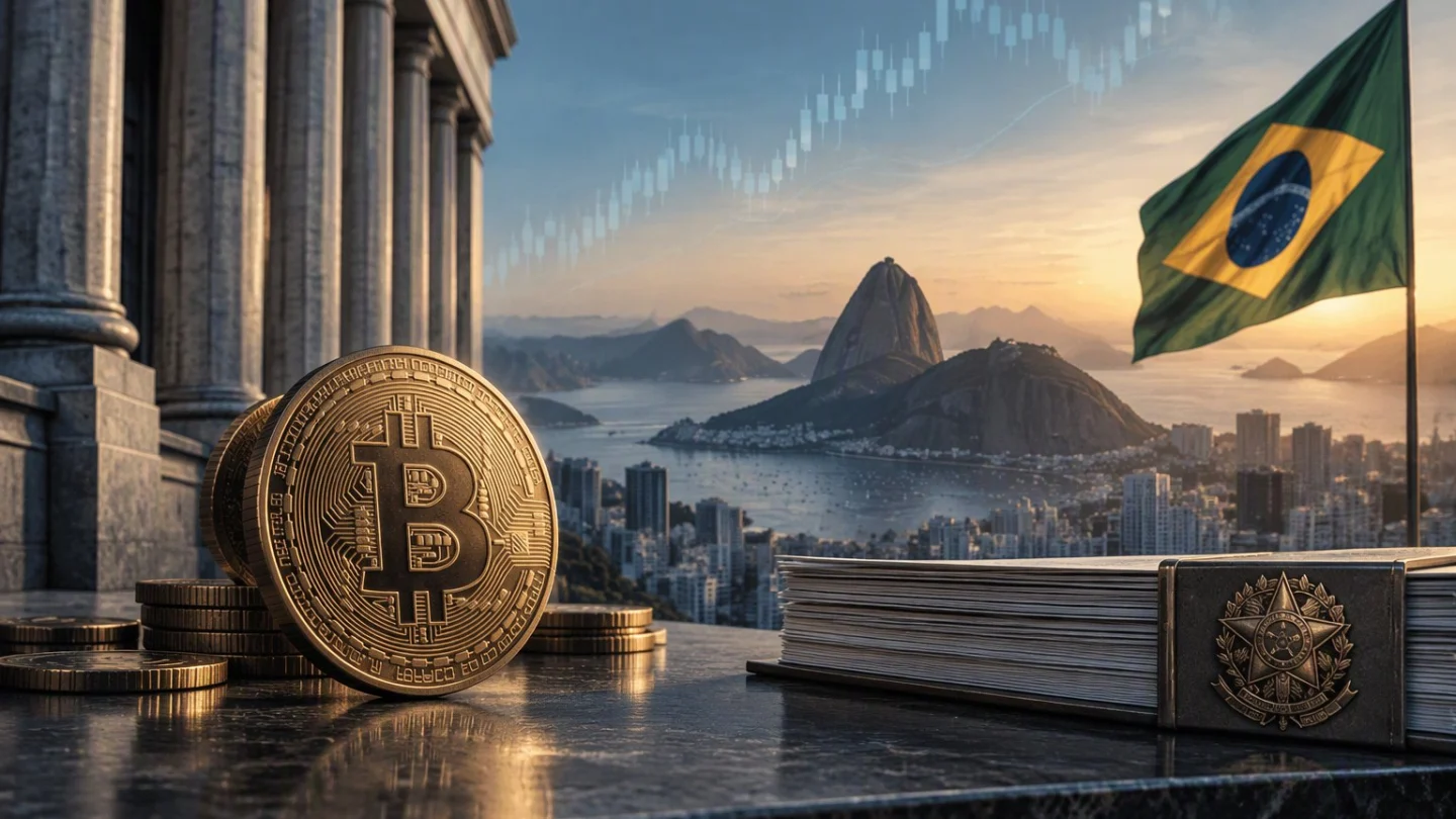 A map of South America in slate tones with Brazil highlighted in muted blue, and a single bank column standing beside a small stack of digital coins