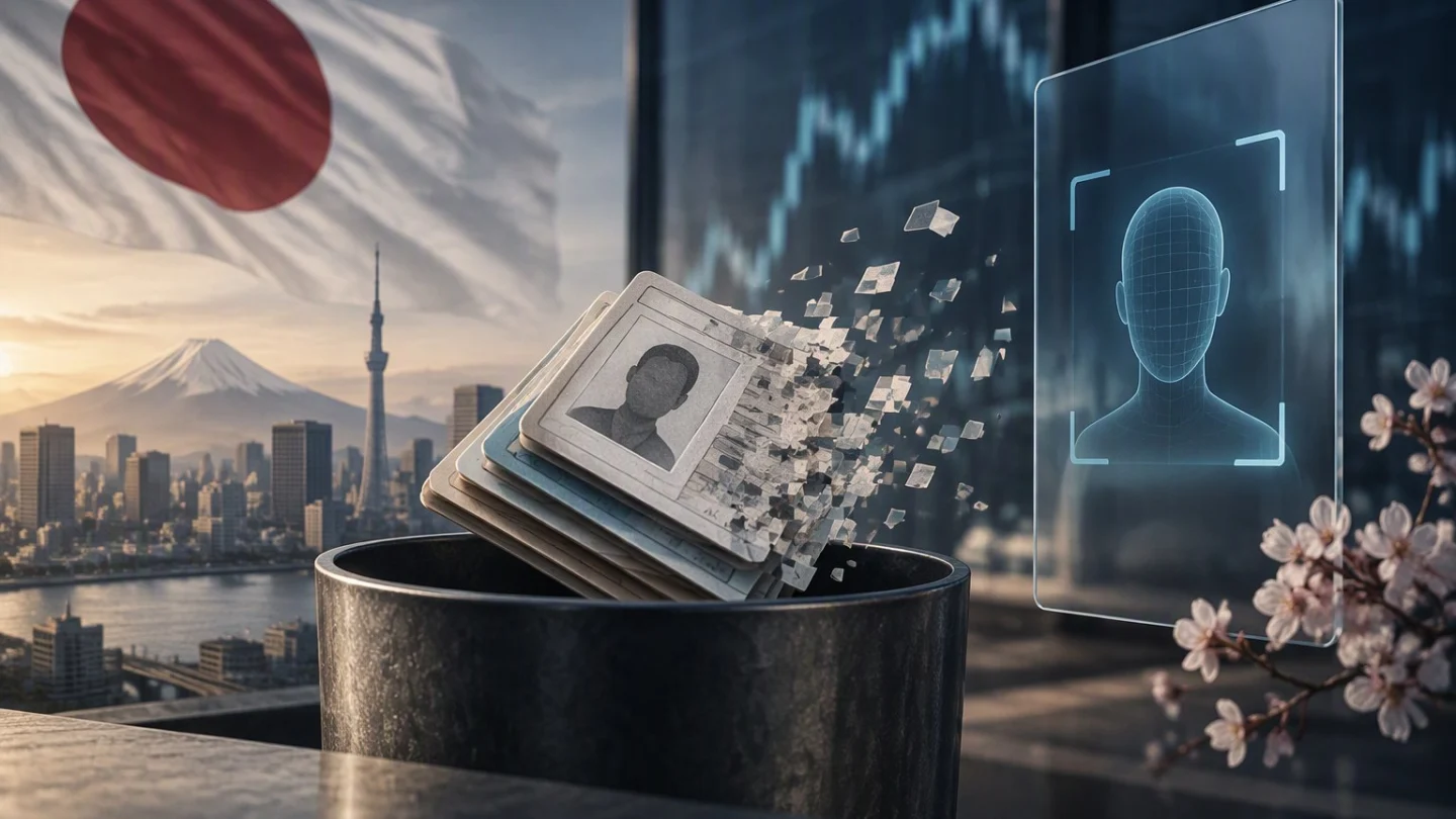 A stack of ID cards dissolving into fragments beside a Japanese flag and the Tokyo skyline, with a biometric face-scan panel