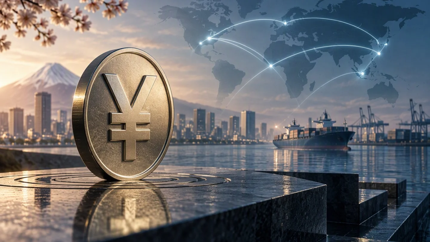 A large yen coin on a stone plinth before Mount Fuji, a waterfront skyline and a container ship, with glowing payment arcs across a world map
