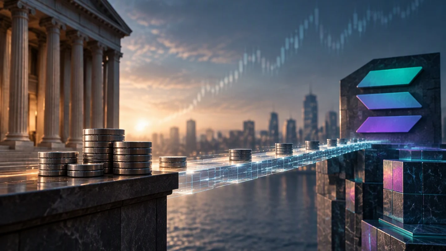Editorial illustration of a bank's tokenized money market fund moving onto a second public blockchain