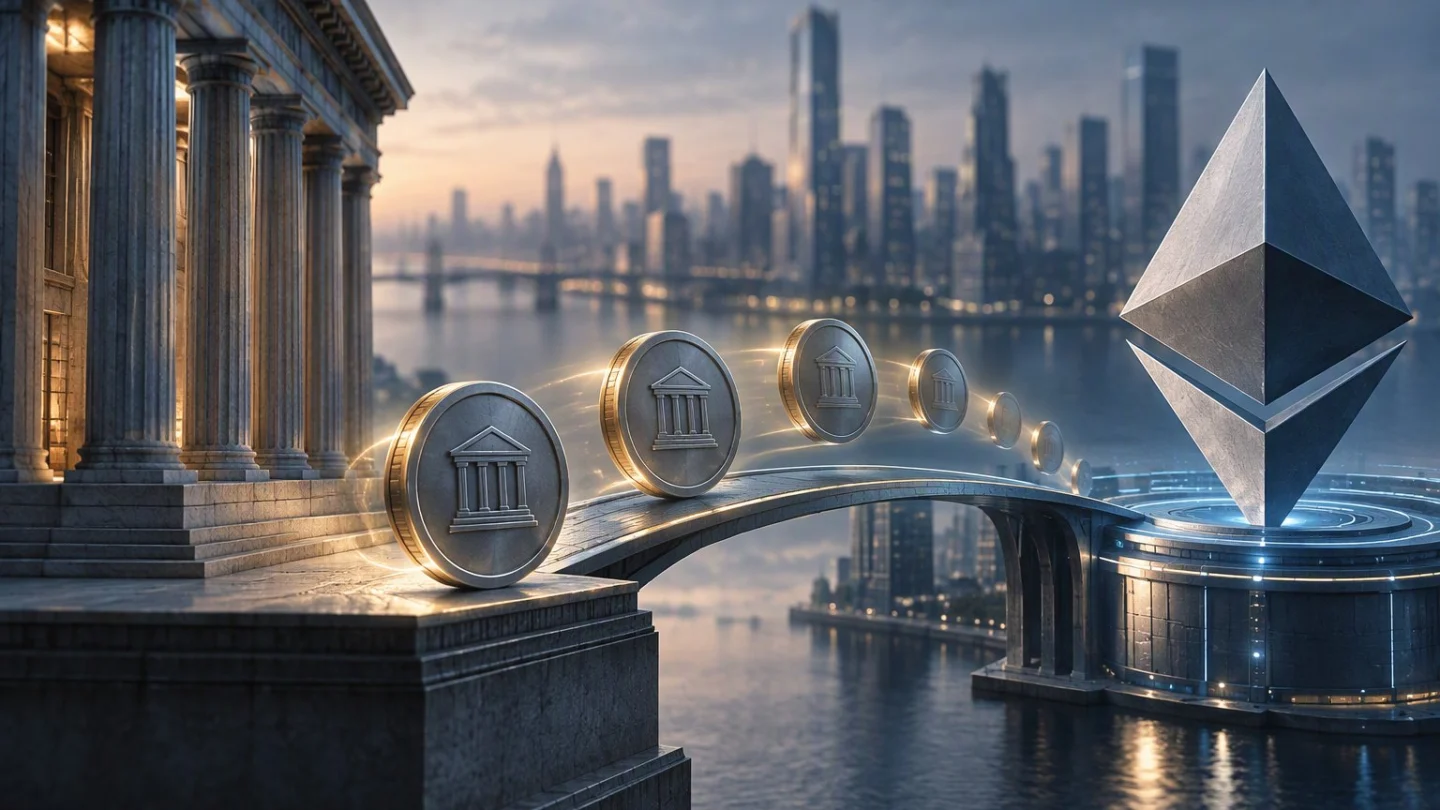 Silver coins stamped with a classical bank facade roll across a bridge from a columned bank building towards a large metallic Ethereum diamond, with a city skyline at dusk behind