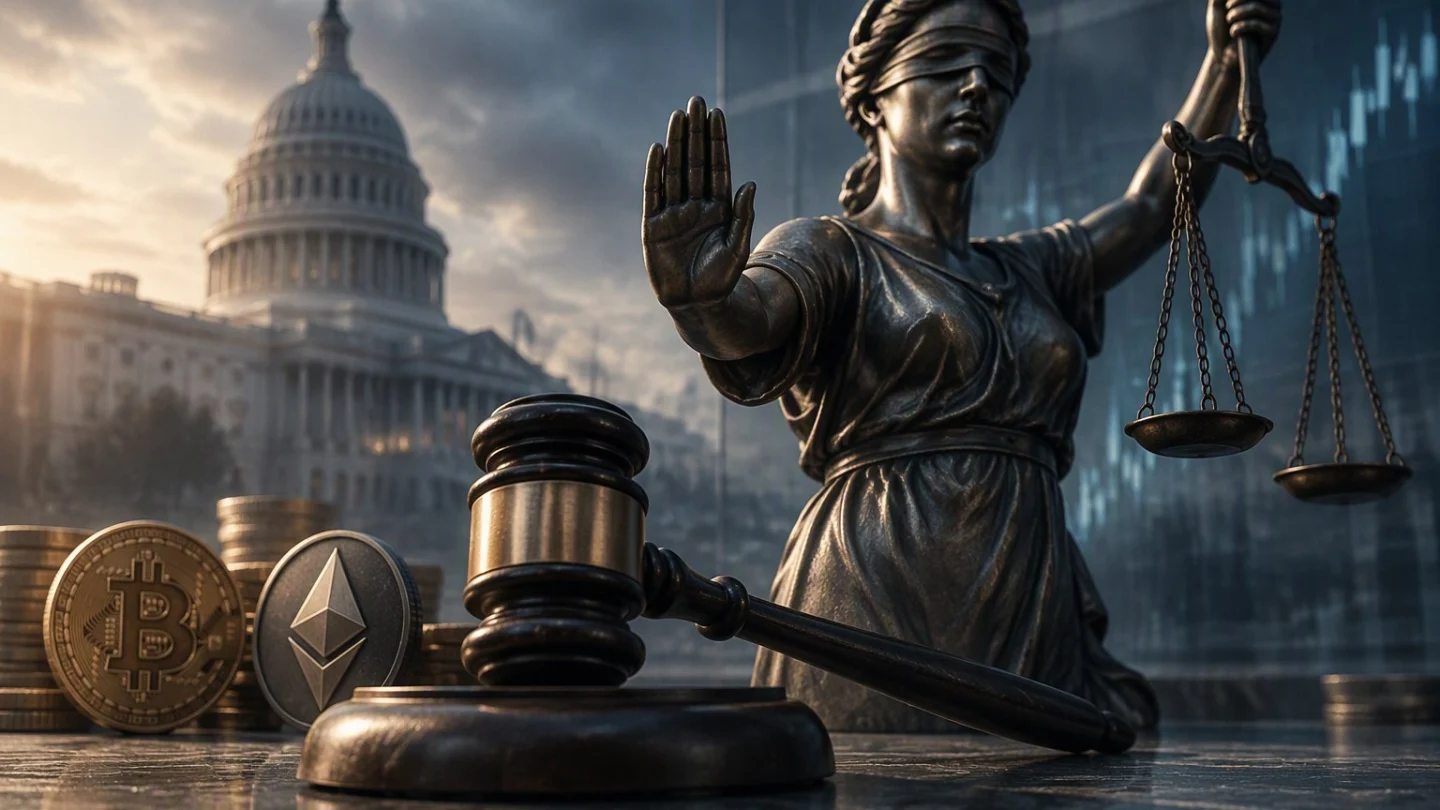 A bronze Lady Justice statue raising one hand beside a gavel, bitcoin and ether coins, with the US Capitol and a futures chart behind in slate and blue light