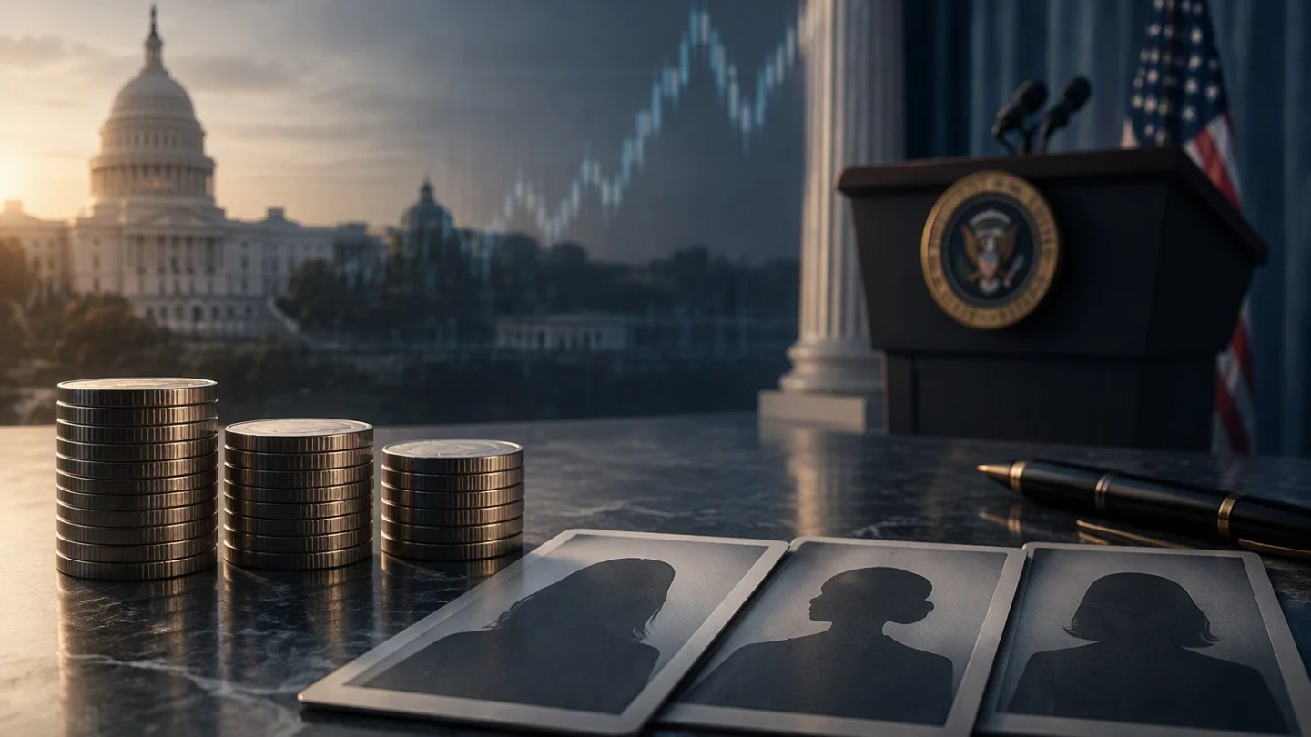 Three small stacks of chips on a dark table in front of an empty lectern