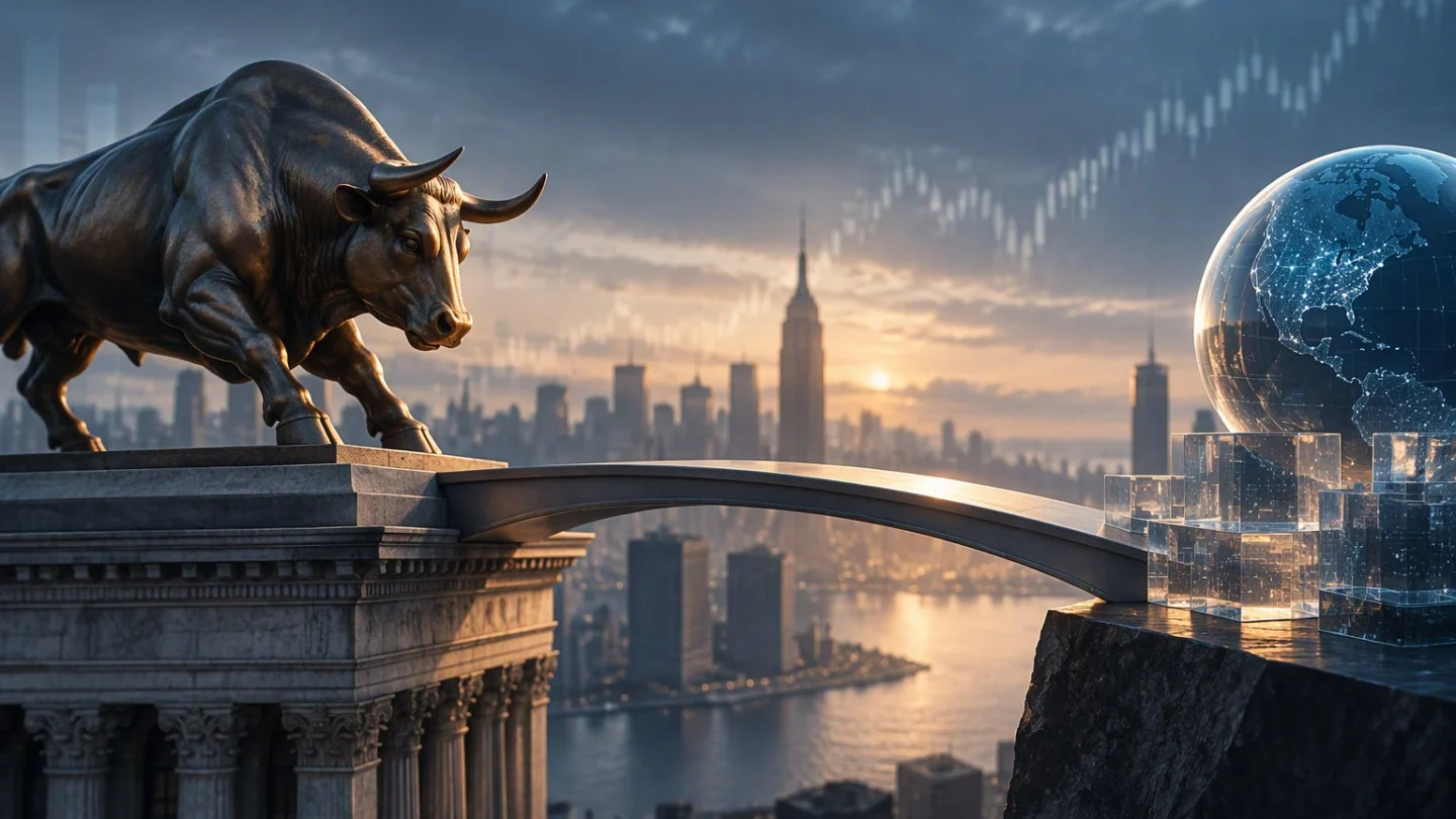 A classical stock-index ticker board whose numbers flow into a row of balance scales weighing yes and no tokens, set against a New York skyline, in charcoal, slate and blue