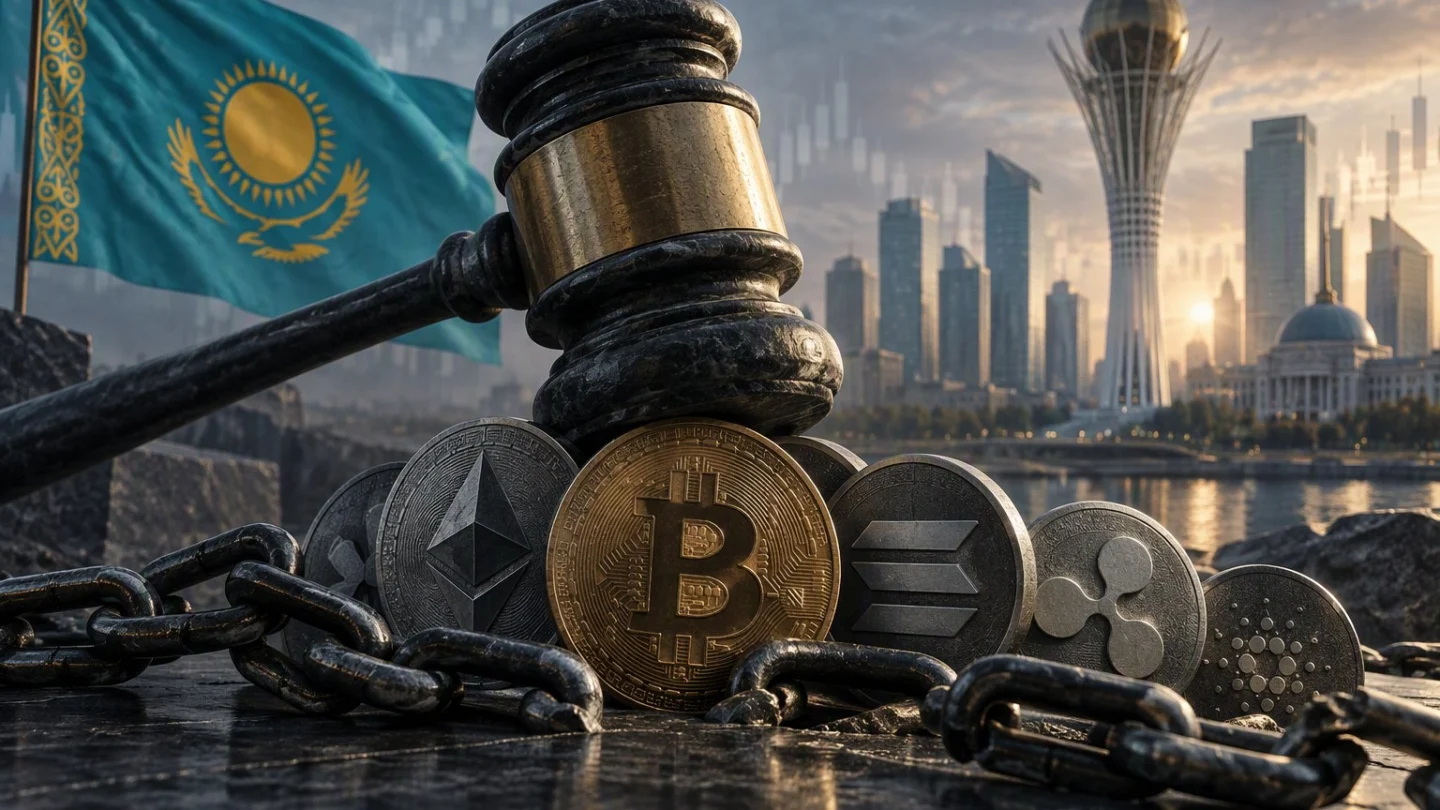 Editorial illustration of a courthouse in Astana with Kazakhstan highlighted and phone app icons fading behind a barrier