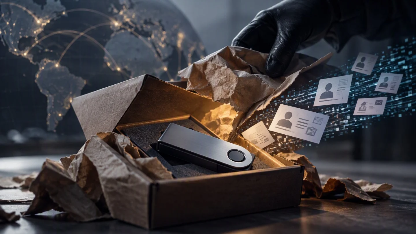 A gloved hand lifting customer profile cards out of an opened shipping box holding a hardware wallet, in charcoal, slate and blue
