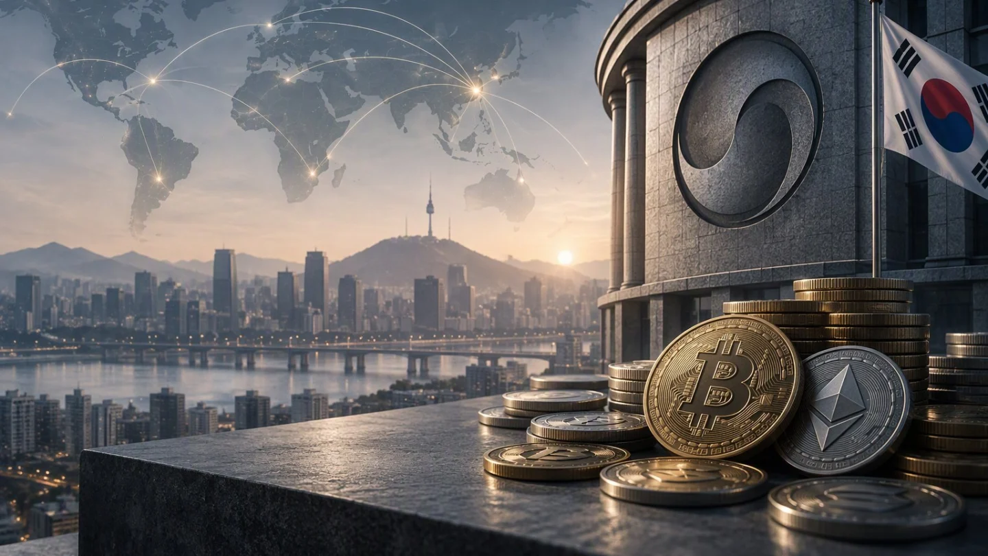 A building with a round emblem and the South Korean flag beside it, a stack of coins on a stone ledge and the Seoul skyline with glowing transfer lines on a world map in the sky