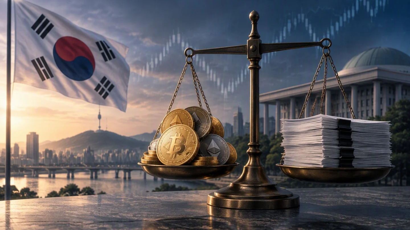 Balance scale weighing gold crypto coins against a stack of tax papers, with the South Korean flag, Seoul skyline and National Assembly dome behind
