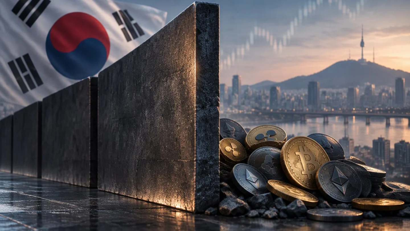 A row of dark stone barriers beside a pile of crypto coins, with the Seoul skyline, a hilltop tower and a South Korean flag at dusk