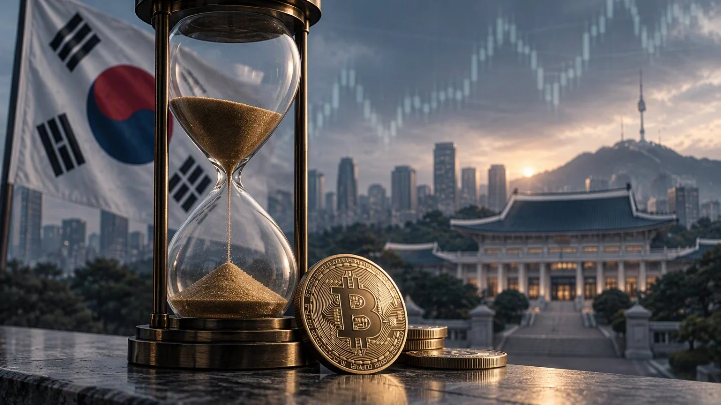 An hourglass and a bitcoin coin on a stone ledge in front of the Blue House in Seoul, with the South Korean flag and a falling price chart in the sky