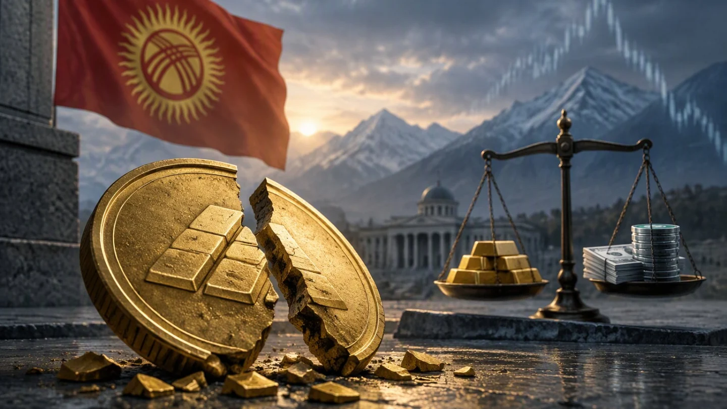 A cracked gold coin lies broken in front of a balance scale holding gold bars and banknotes, with a red flag and snow-capped mountains behind