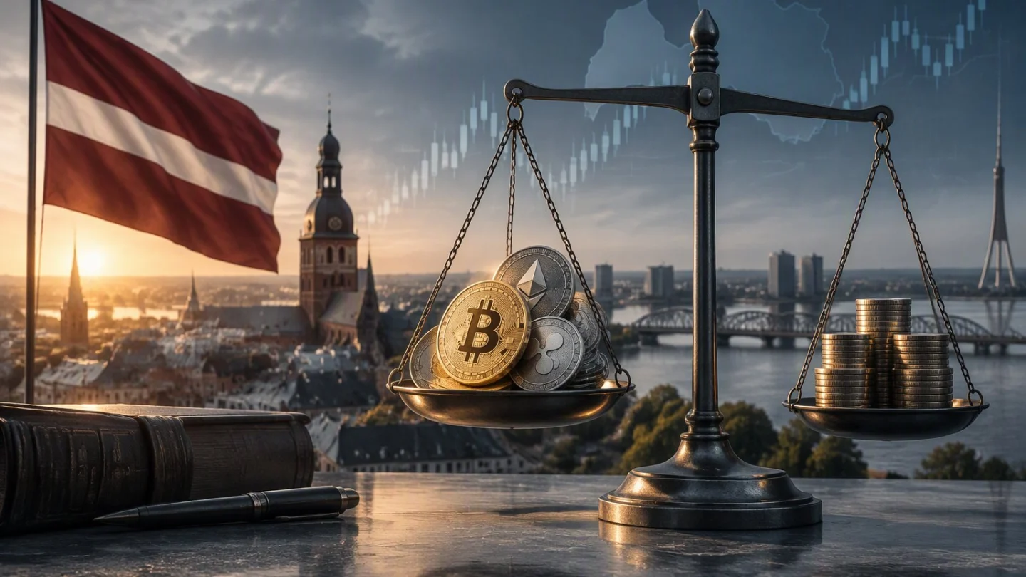 Latvia's flag beside a balance scale weighing bitcoin, ether and XRP coins against a stack of coins, with Riga's skyline, church spires, TV tower and river bridge behind