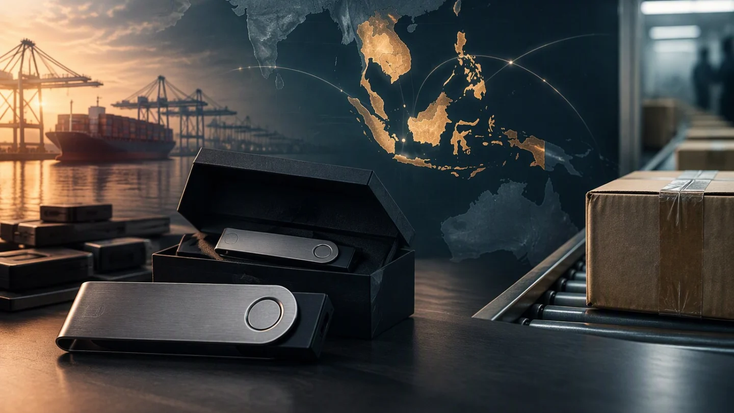 A hardware wallet and an open black presentation box on a dark counter, with Southeast Asia highlighted on a map behind and parcels moving along a conveyor