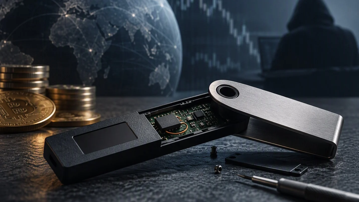 A hardware wallet opened on a dark workbench showing a small circuit board inside, with a screwdriver and screws beside it