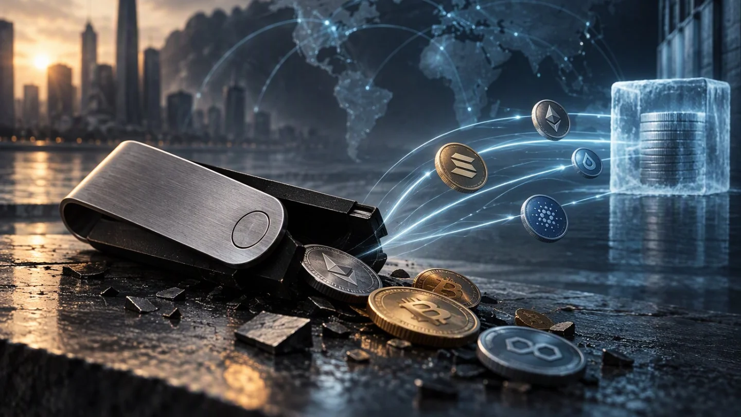 A cracked hardware wallet spilling coins, with streams of tokens flowing toward a block of ice over a dark waterfront