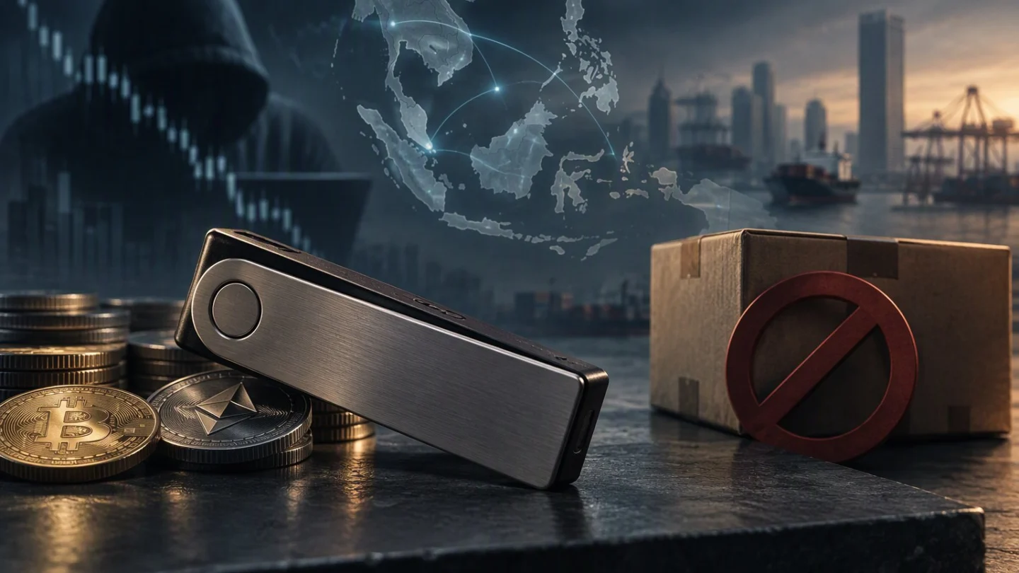 Hardware wallet on a dark slab beside coins and a blocked parcel, with a faint map of Southeast Asia behind