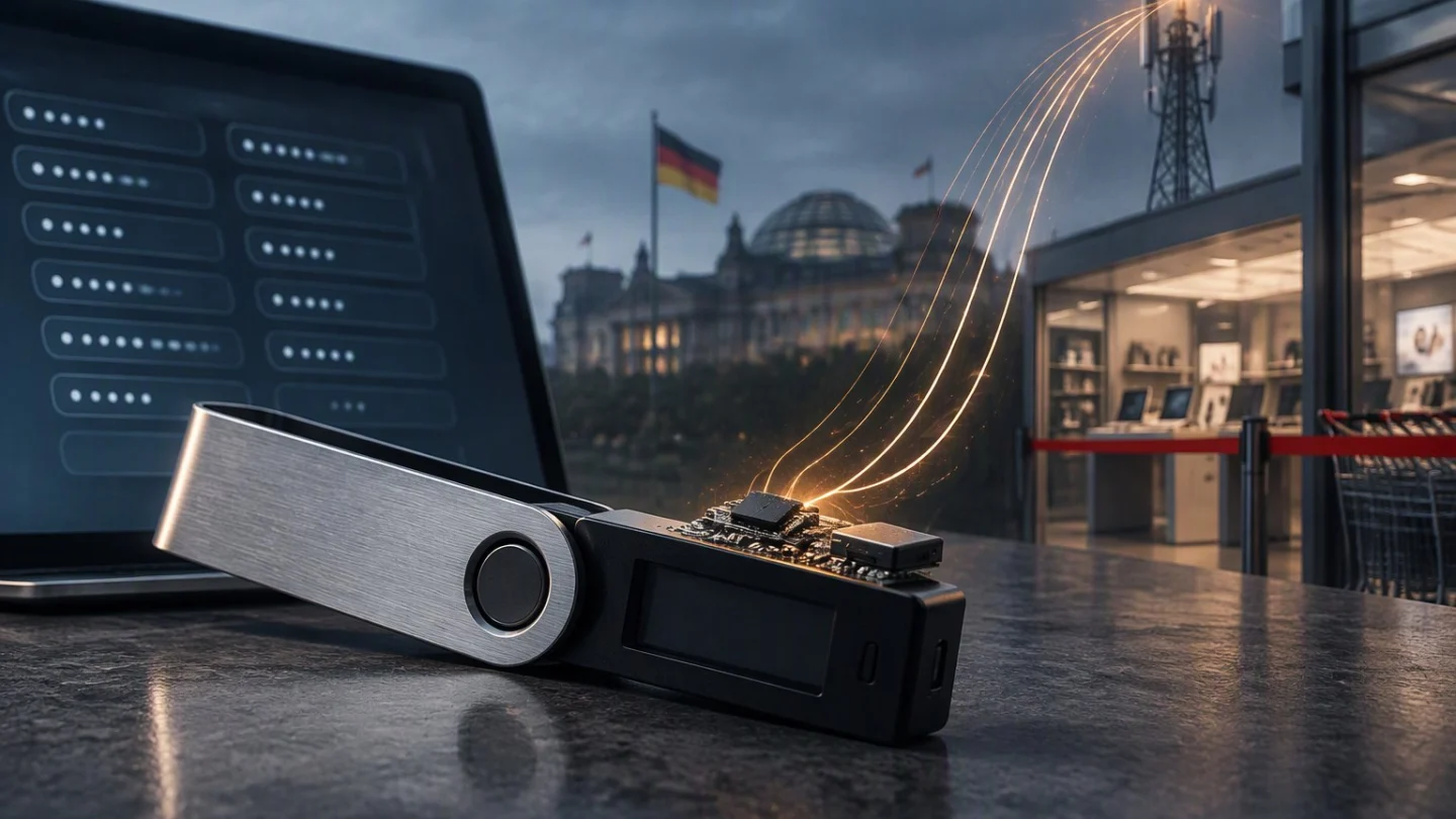 A hardware wallet on a stone counter with a small extra circuit board sending glowing signal lines toward a phone mast, an electronics shop and a domed parliament building behind