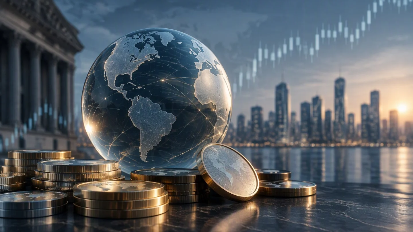 Glass globe on a dark slate surface among stacks of coins, with a city skyline and candlestick chart behind