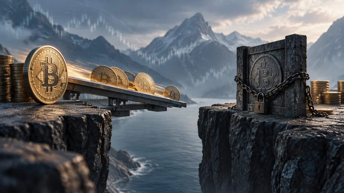 Editorial illustration of a partly reopened bridge between a bitcoin vault and a sidechain, with one gate still closed