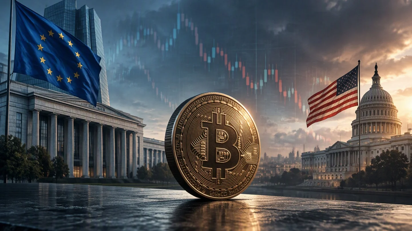 Two central bank buildings facing each other across a dark sea, one lit with a euro symbol and one with a dollar symbol, with a faint bitcoin coin floating between them