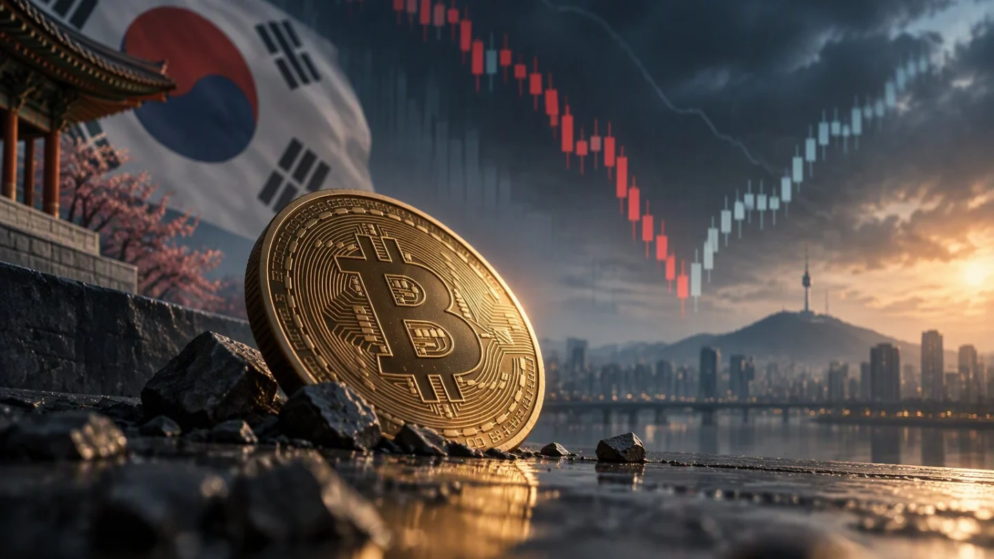 A bitcoin coin leaning on rocks by a river at dusk, under a falling then rising candlestick chart, with a city skyline and a Korean flag