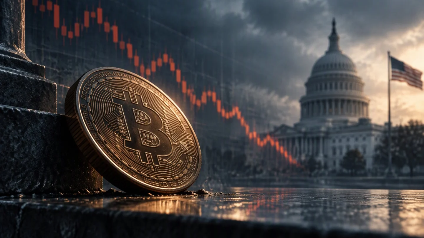 A dark steel gauge needle past a red mark beside a gold bitcoin coin, with a falling candlestick chart and a muted Washington skyline