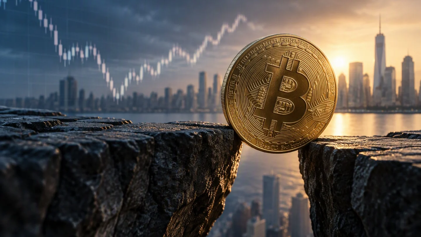 A gold bitcoin coin rests on a dark trading desk beside a cautious rising blue price line under a muted charcoal and slate skyline, no bull statue, no logos or readable text