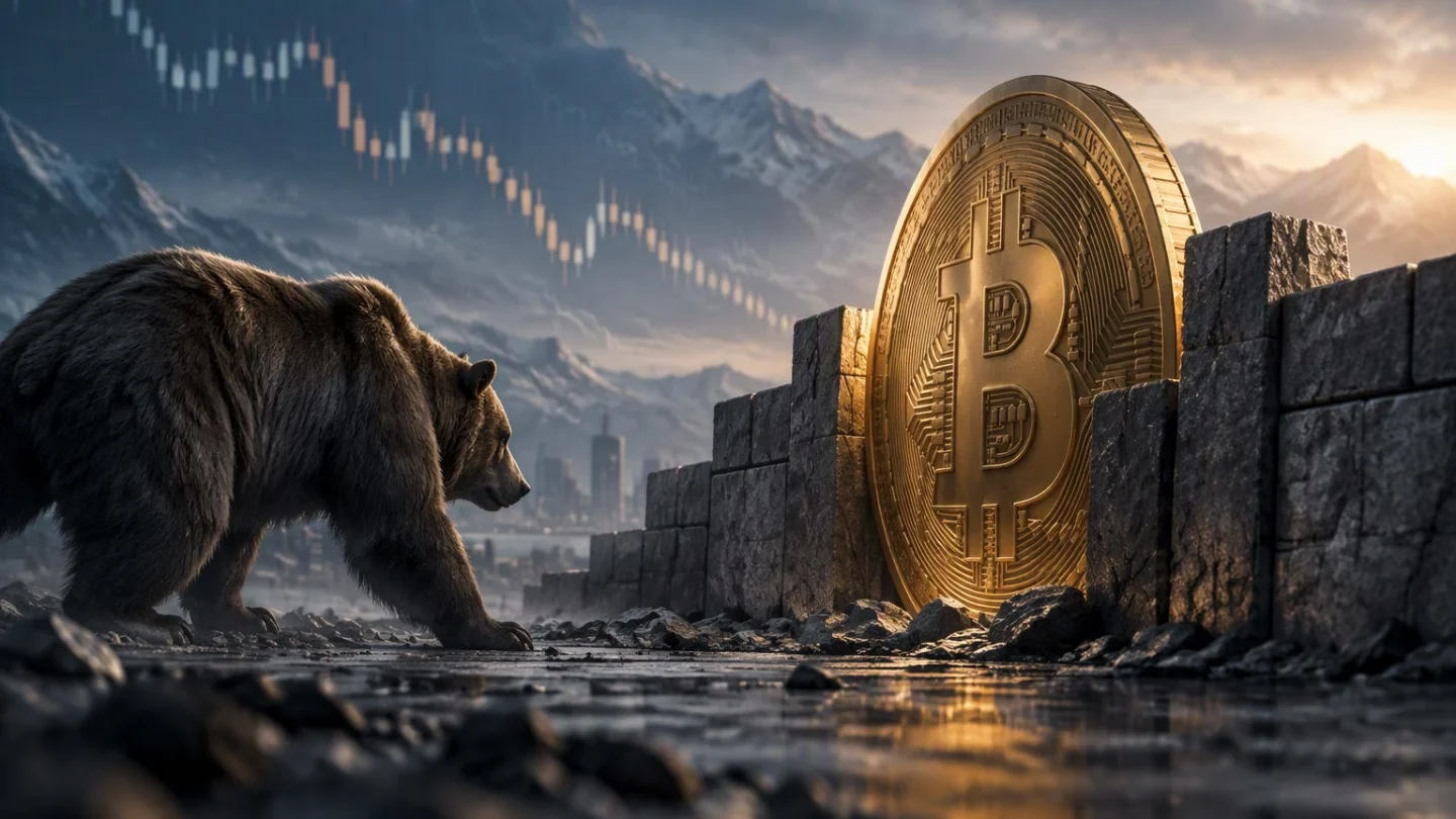 A grizzly bear faces a gold bitcoin coin set into a stone wall under a falling candlestick chart in a misty mountain landscape