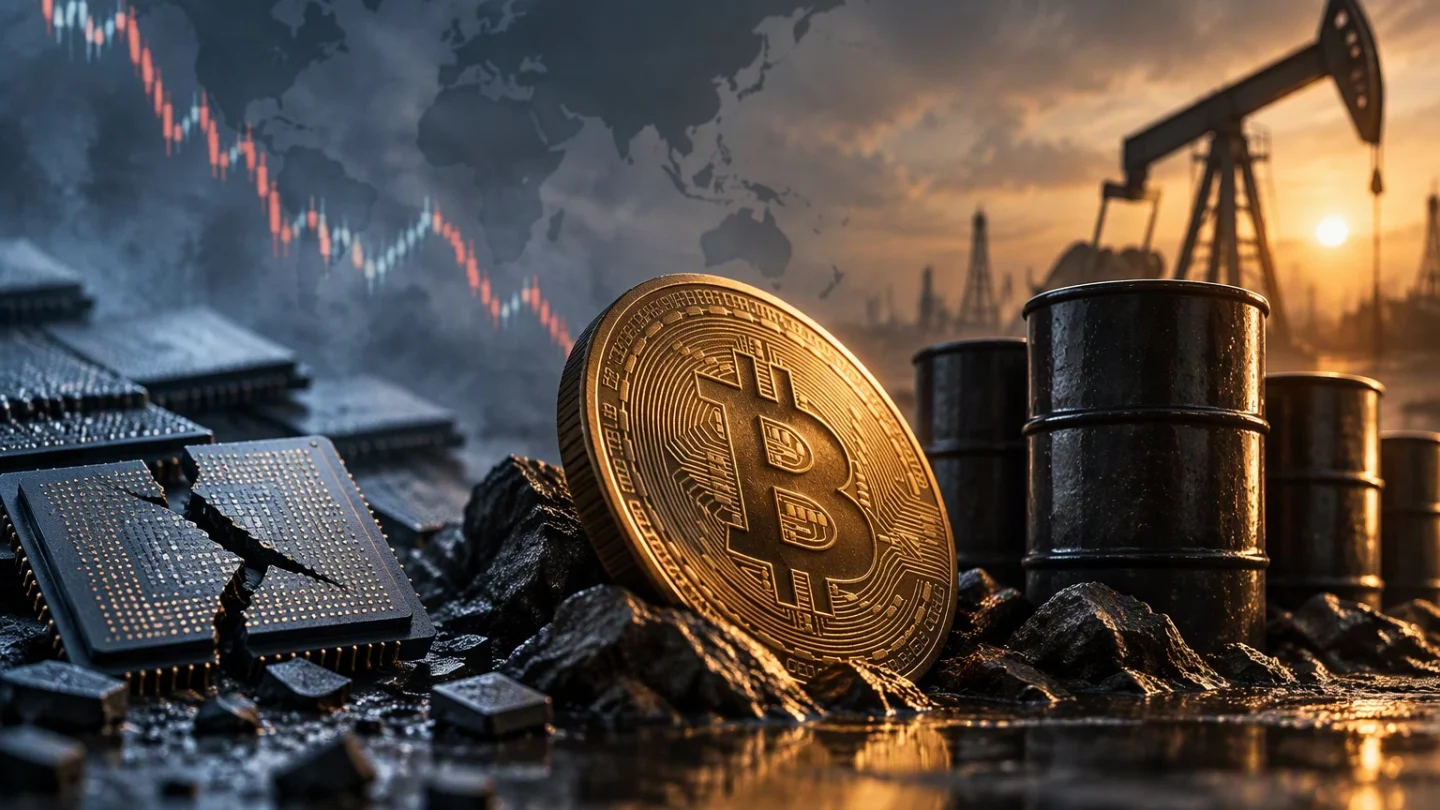 A gold bitcoin coin leaning in rubble between cracked computer chips and oil barrels, with a pump jack and a falling red price line over a world map