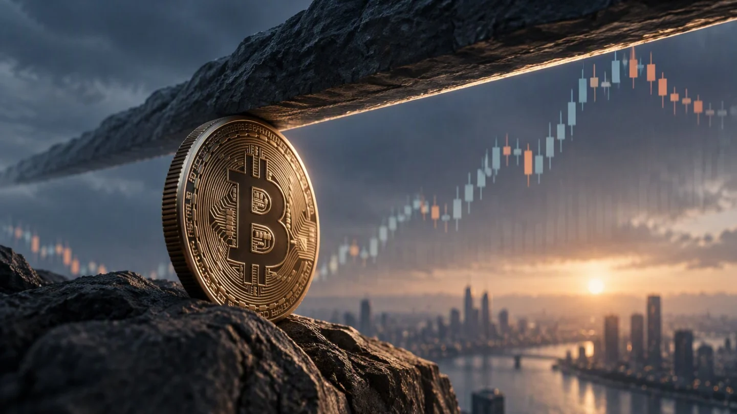 Empty slate trading floor with a single gold bitcoin coin below a thin unbroken horizontal resistance wire, charcoal columns and blue dusk light, absolutely no people