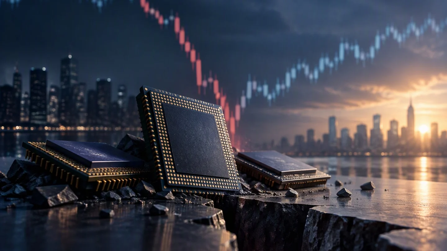 Semiconductor chips resting on cracked dark stone in the foreground, with a falling red candlestick line and a city skyline at dusk behind them