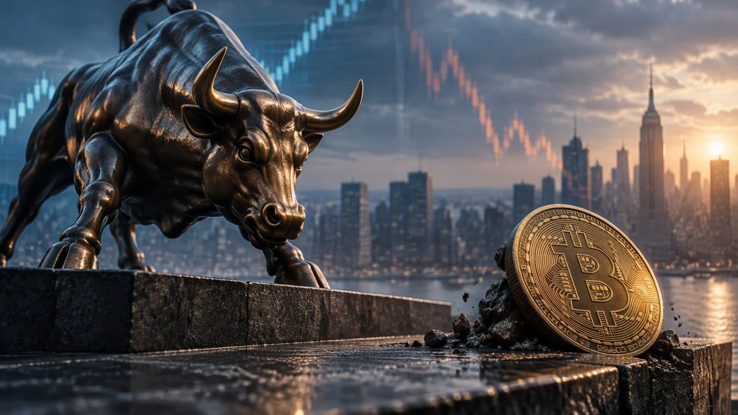 A bronze bull on a stone ledge above a city skyline with a rising chart line, beside a bitcoin coin stuck in crumbled stone
