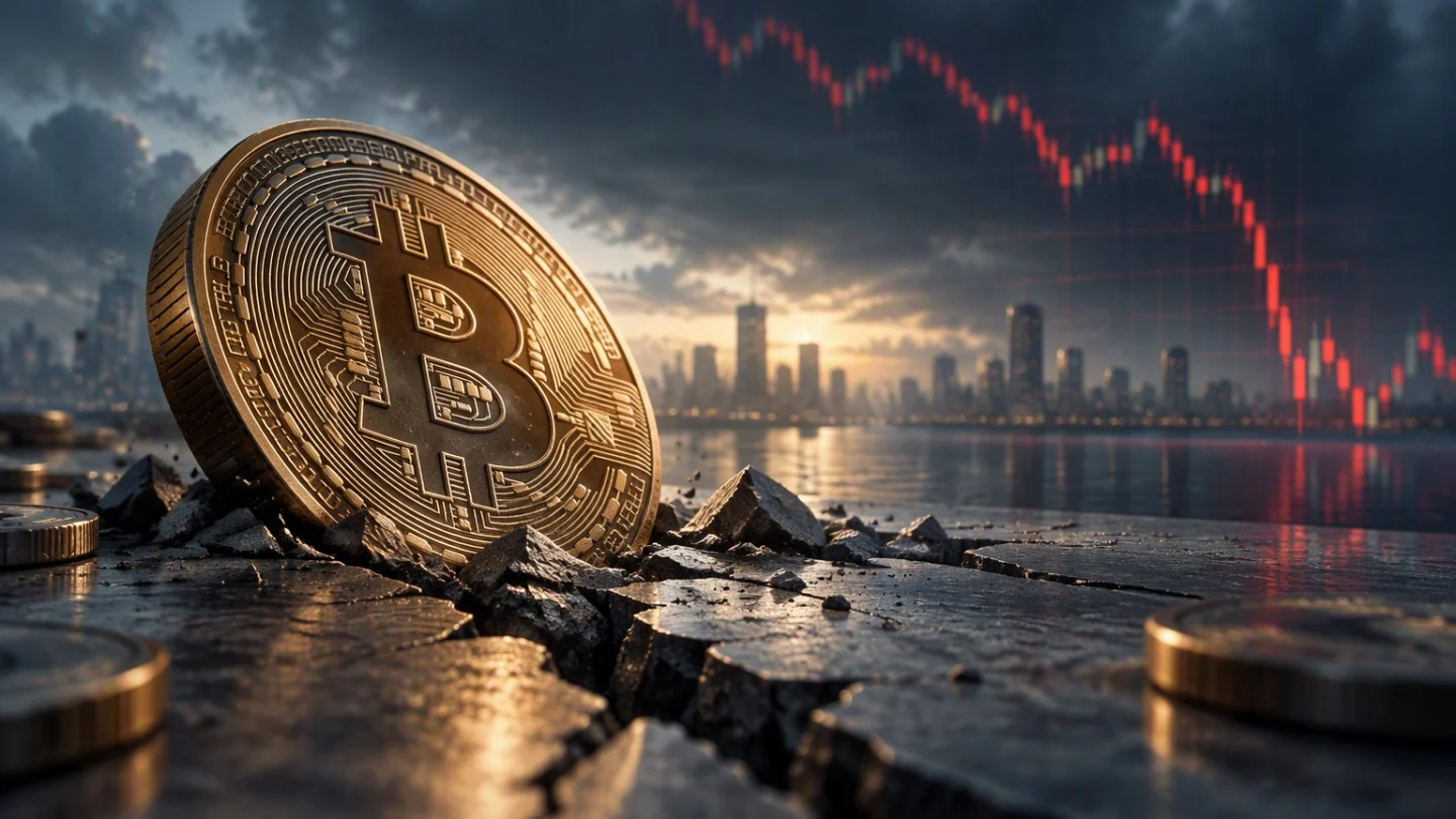 A cracked bitcoin coin wedged in broken pavement before a city skyline, a falling red chart in the stormy sky, in charcoal, slate and blue
