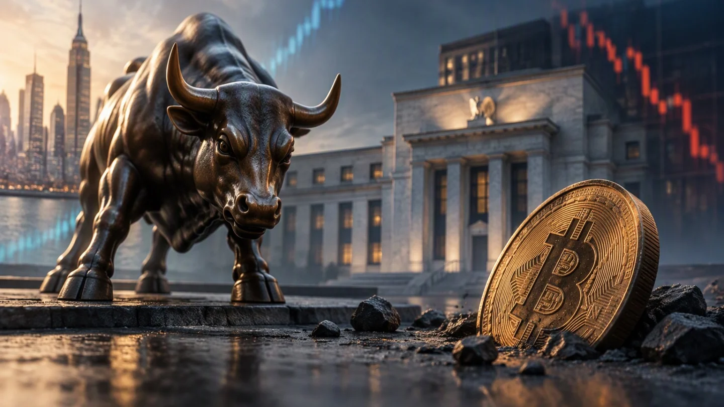 A rising stock-market tower lit in blue beside a dim bitcoin coin resting on a ledge just below a marked line, with a Federal Reserve-style columned building in the background, in charcoal, slate and blue