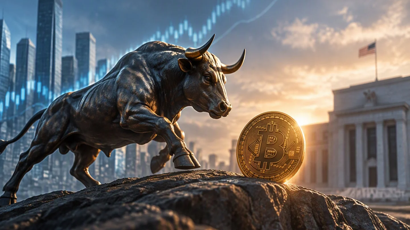 A bitcoin coin edging back above a marked line beside a glowing tower of chip-stock screens, with a columned central-bank building waiting in the background, in charcoal, slate and blue