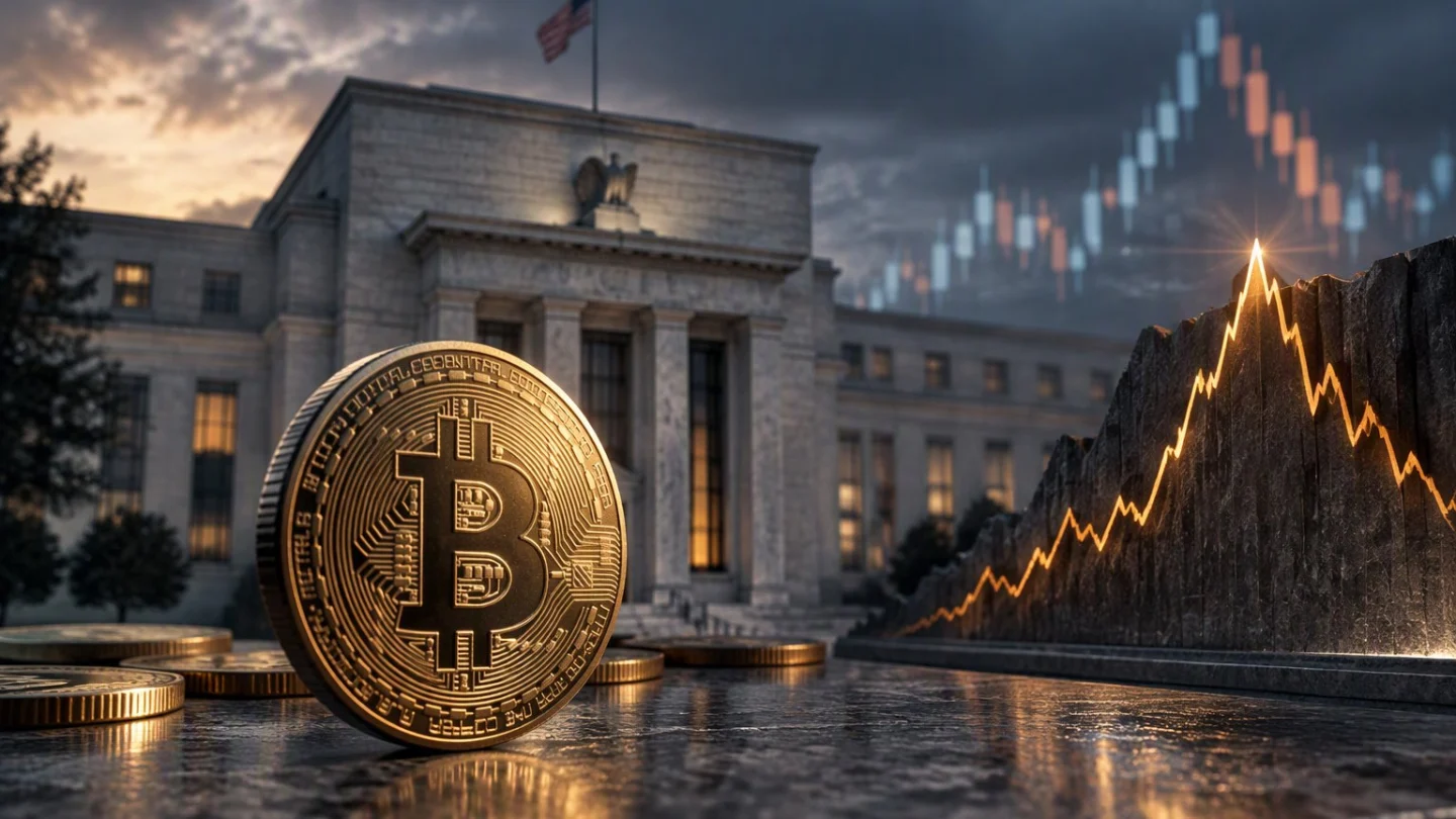 A bitcoin coin rising and falling back in front of a columned central-bank building, two raised hands among a row of seated figures, in charcoal, slate and blue