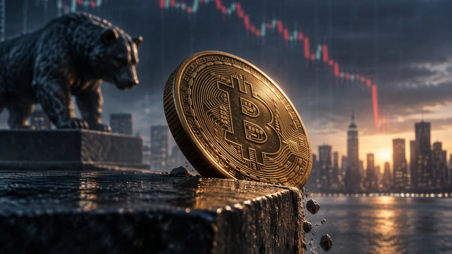 A bitcoin coin dropping through a trapdoor in a trading-floor stage just as a closing bell swings overhead, a tall tech tower leaning in the background, in charcoal, slate and blue