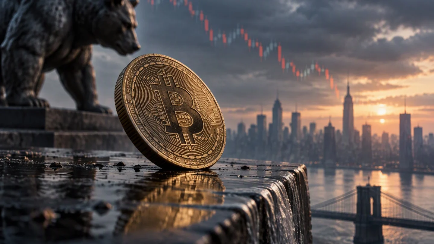 A bitcoin coin balanced on the wet edge of a stone ledge beside a bear statue, a falling red line over the New York skyline and Brooklyn Bridge at dusk