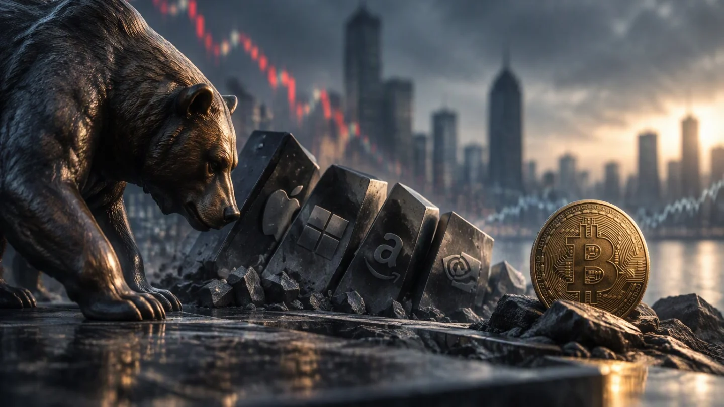 A lone bitcoin coin balanced on the edge of a falling stock-ticker board in a dim trading hall, in charcoal, slate and blue