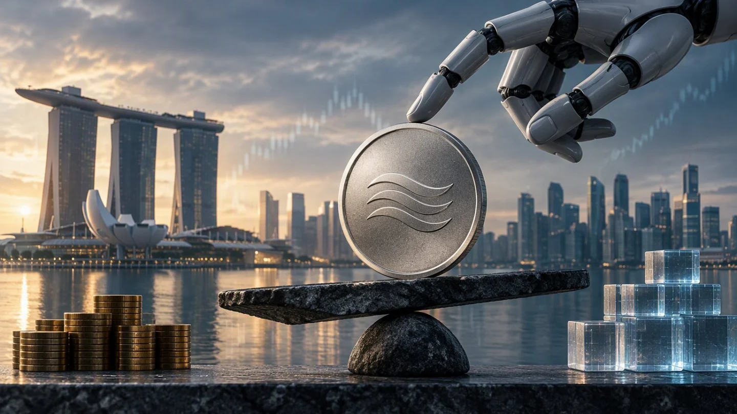 Robotic hand placing a silver coin on a balanced stone beam, with the Singapore waterfront behind