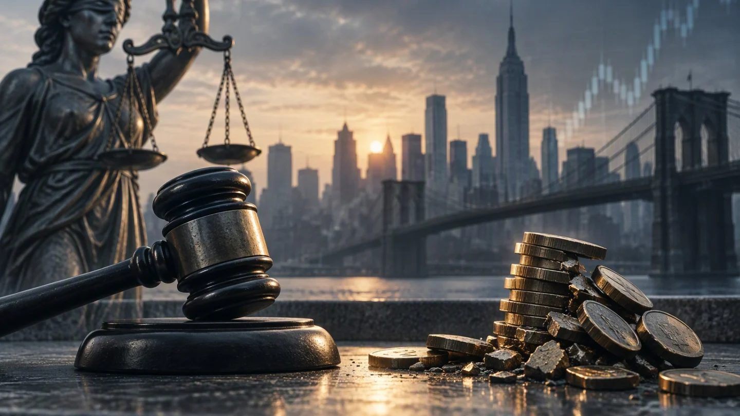 A judge's gavel and scales of justice before the New York skyline and Brooklyn Bridge, with a stack of broken gold coins on a stone ledge