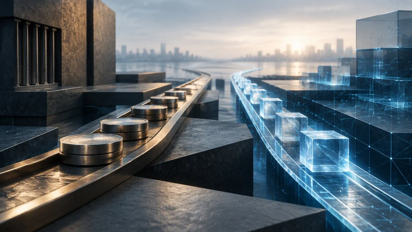 Interlocking muted charcoal and slate geometric plates float above a soft blue network grid with no people, landmarks, logos or brand marks