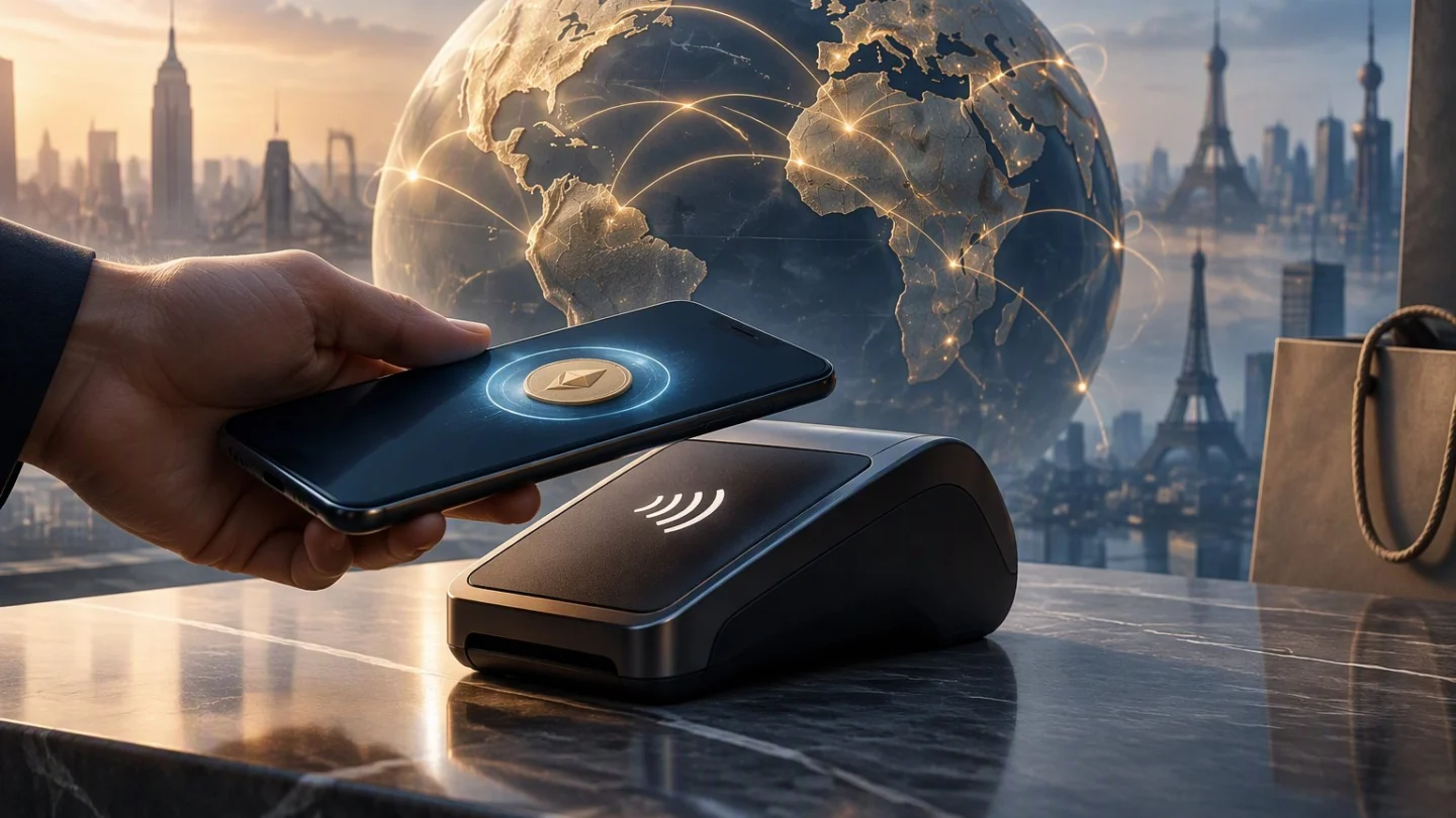 A hand holding a phone over a contactless card terminal, with a glowing globe of payment routes and city skylines in the background