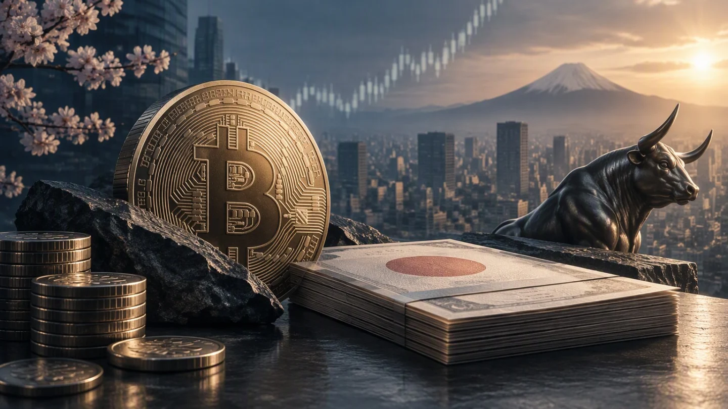 A Japanese yen coin and a bitcoin disc on a dark steel surface