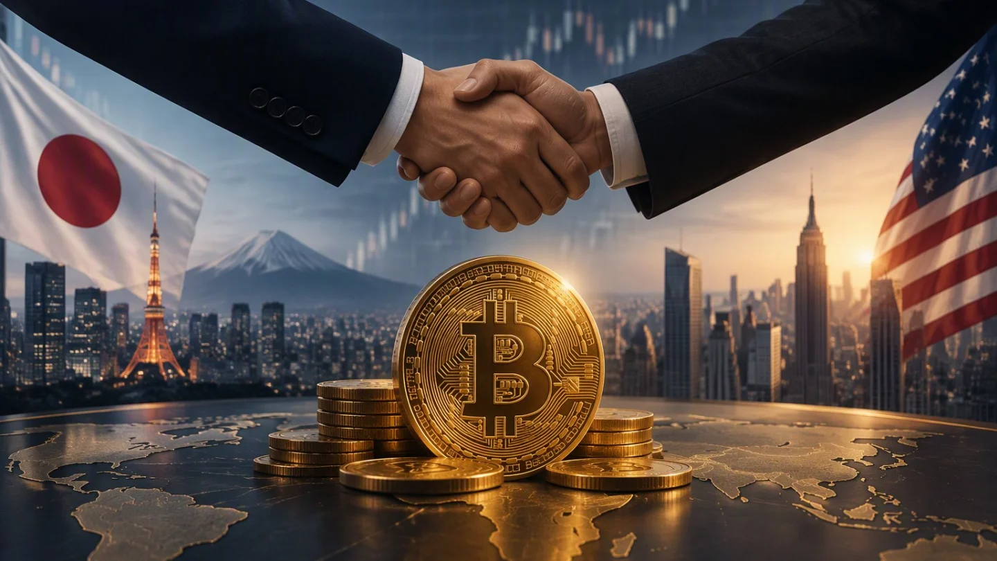 Two businessmen shaking hands above a bitcoin coin and stacked coins, with a Tokyo skyline and Mount Fuji on one side and a New York skyline on the other, Japanese and US flags at the edges